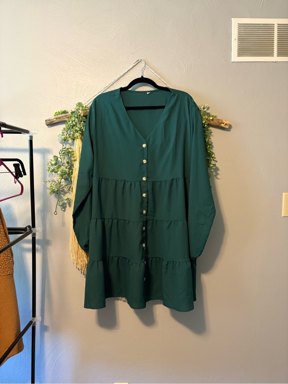 ✨Buy One Get One Free ✨ Long Sleeve Tiered Button-Front Dress in Deep Green